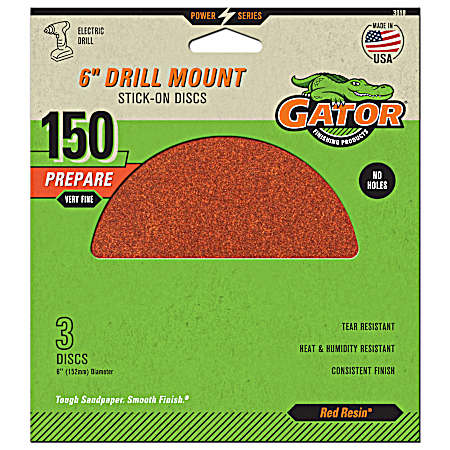 6 in. Red Drill Mount Stick-On Disc 150 Grit - 3 Pk.