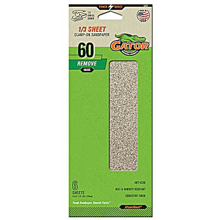 1/3 Sheet Aluminum Oxide Clamp-On Sandpaper 60 Grit - 6 Pk.