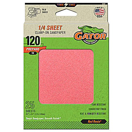 1/4 Sheet Clamp-On Red Premium Aluminum Oxide Grain Sanding Sheets 120 Grit - 25 Pk.