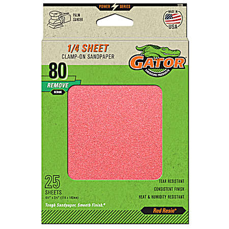 1/4 Sheet Clamp-On Red Premium Aluminum Oxide Grain Sanding Sheets 80 Grit - 25 Pk.