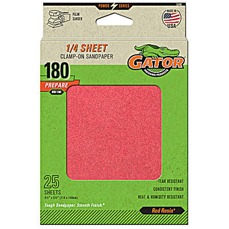 1/4 Sheet Clamp-On Red Premium Aluminum Oxide Grain Sanding Sheets 180 Grit - 25 Pk.