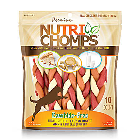 NutriChomps Dog Chews, 6-inch Braids, Easy to Digest, Rawhide-Free Dog Treats, Healthy, 10 Count, Real Chicken, Peanut Butter and Milk flavors