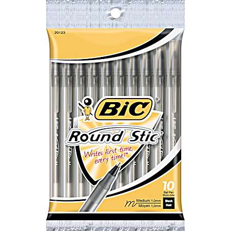 Round Stic Black Medium Ball Point Pens - 10 Pk