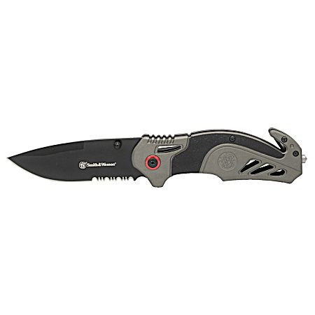 3.5 in Black/Grey With Red Accents Spring Assist Serrated Folding Knife