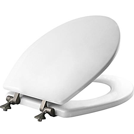 White Round Molded Wood Toilet Seat w/ Brushed Nickel Sta-Tite Hinges