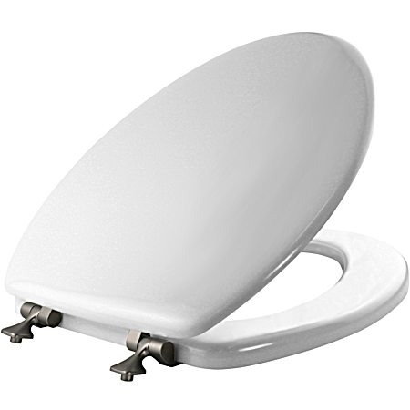 White Elongated Molded Wood Toilet Seat w/ Brushed Nickel Sta-Tite Hinges