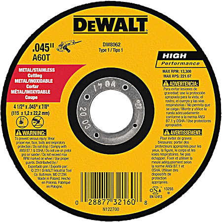 4-1/2 x .045 x 7/8 In. Metal Cutting Wheel