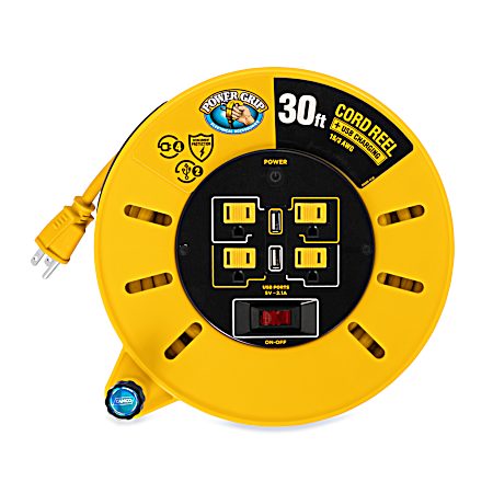 Power Grip 30 ft 10A Extension Cord Reel w/ USB Charging Ports