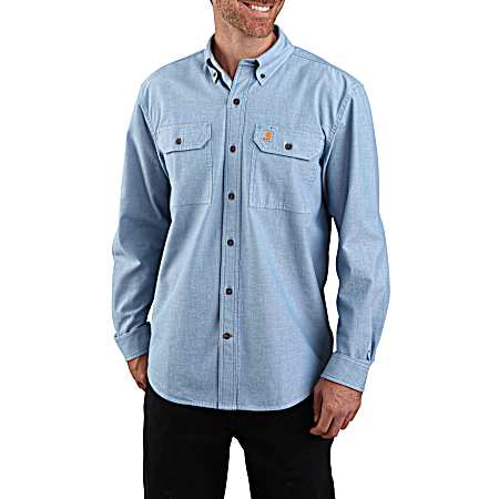 Men's Blue Chambray Original Fit Button Front Long Sleeve Shirt