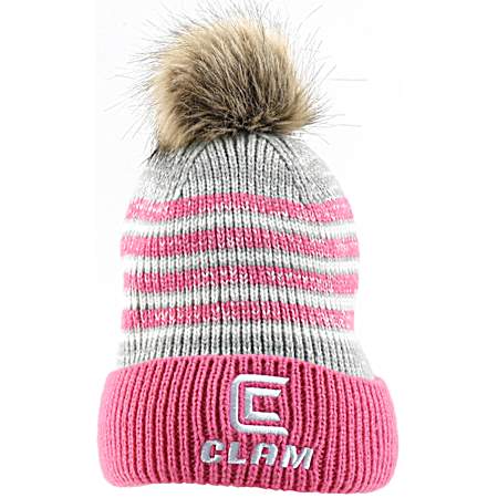 Adult Pink/Gray Fleece Lined Pom Beanie