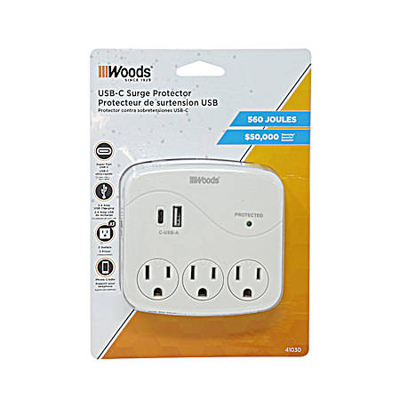 White 3-Outlet 560 Joules Surge Tap w/ 2 USB Ports (A & C)
