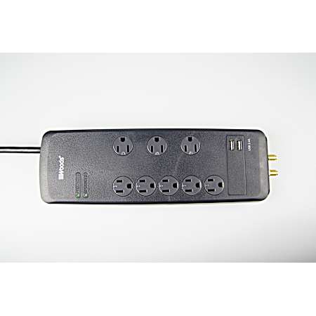 Black 8-Outlet 3540 Joules Surge Strip w/ 2 USB Ports (Type A) & 6 ft Cord with Flat Plug