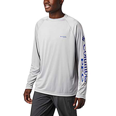 Men's Terminal Tackle PFG Cool Grey/Vivid Blue Graphic Crew Neck Long Sleeve Shirt