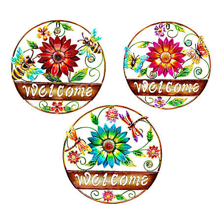 Welcome Metal Wall Art w/ Flowers - Assorted