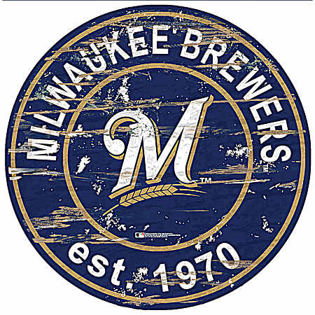 Milwaukee Brewers Team Established Distressed Round Wood Sign