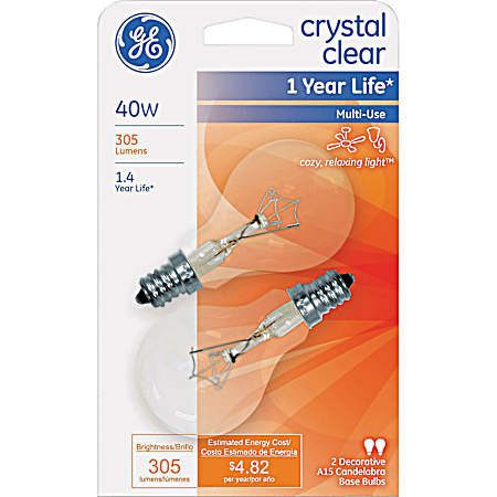 40W A15 Crystal Clear Decorative Bulbs - 2 Pk.