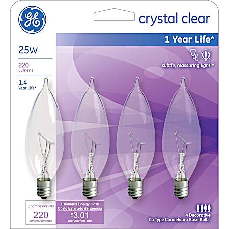 25W Crystal Clear Bent Tip Decorative Bulbs - 4 Pk