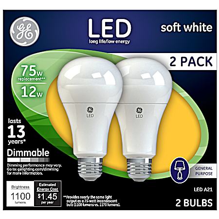 12W LED Soft White Light Bulb - 2 Pk.