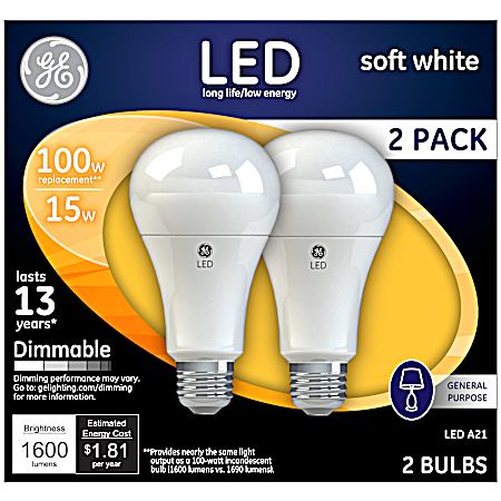 15W LED Soft White Light Bulb - 2 Pk.