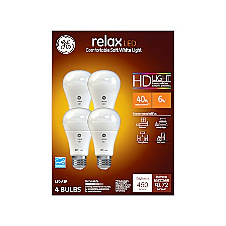 6W A19 Relax LED 2700K Light Bulbs - 4 Pk