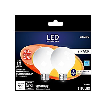 4.5W LED G25 Soft White Frosted Hanging Fixtures Light Bulbs - 2 Pk