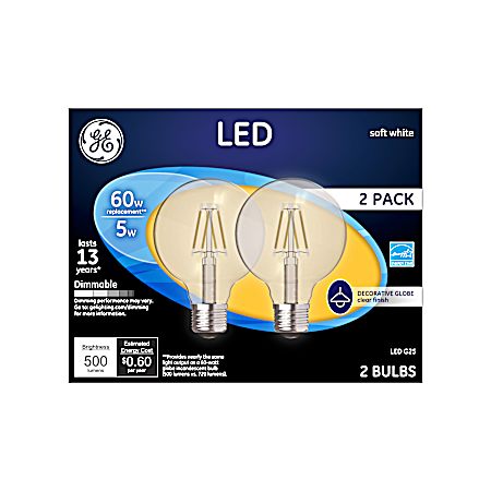 5W LED G25 Soft White Clear Decorative Globe Light Bulbs - 2 Pk