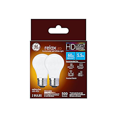 5.5W Relax LED A15 Soft White Frosted Ceiling Fan Light Bulbs - 2 Pk