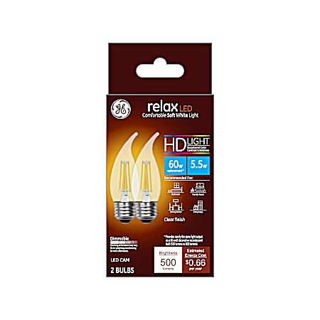 5.5W Relax LED CAM Soft White Clear Bent Tip Decorative Bulbs - 2 Pk