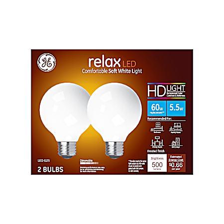 5.5W Relax LED G25 Soft White Frosted Globe Light Bulbs - 2 Pk
