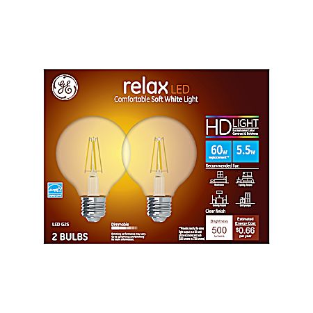 5.5W Relax LED G25 Soft White Clear Globe Light Bulbs - 2 Pk