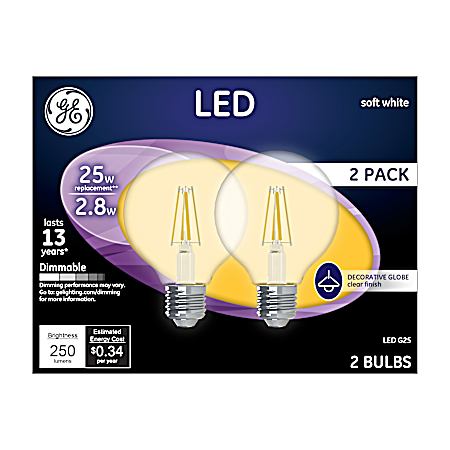 2.8W LED G25 Soft White Clear Globe Light Bulbs - 2 Pk