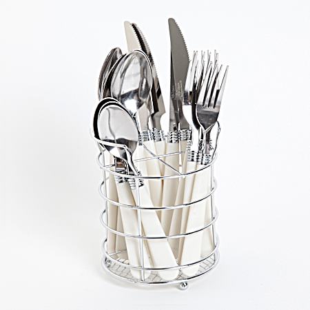 16 pc White Sensations II Flatware Set w/Wire Caddy
