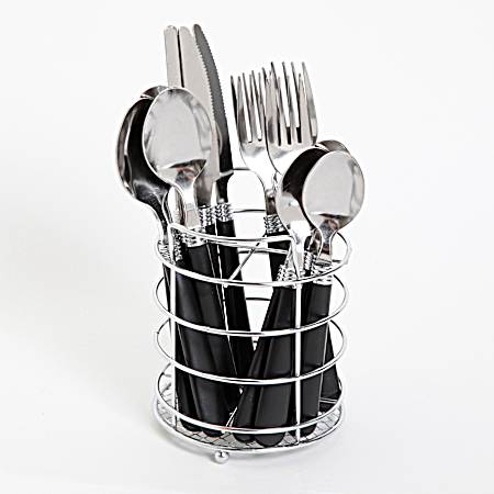 16 pc Sensations II Black Flatware Set w/Wire Caddy