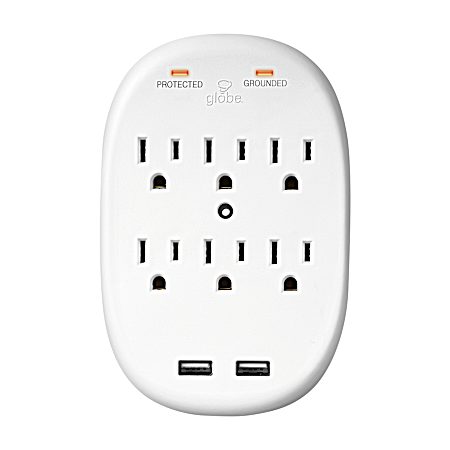 White 6-Outlet Wall Tap Surge Protection w/ 2 USB Charge Ports