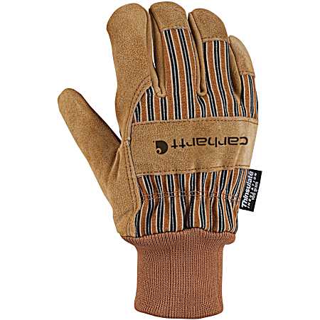 Men's Brown Knit Cuff Insulated Suede Work Gloves
