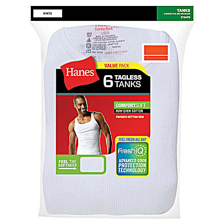Men's FreshIQ White Tanks - 6 Pk