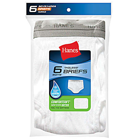 Boys' ComfortSoft Tagless White Cotton Briefs - 6 Pk