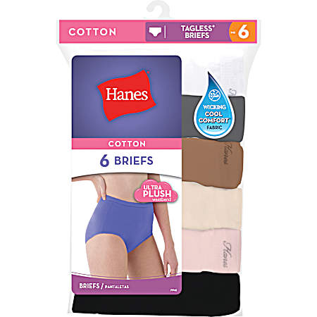 Women's Assorted Cool Comfort Tagless Brief Panties - 6 Pk