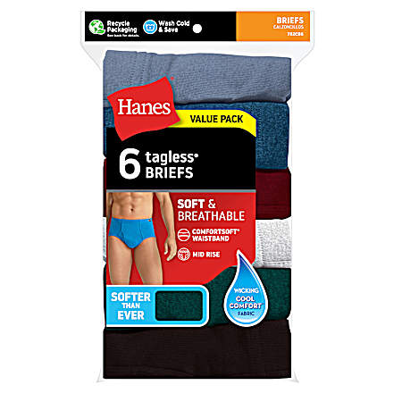 Men's Assorted Tagless Briefs - 6 Pk