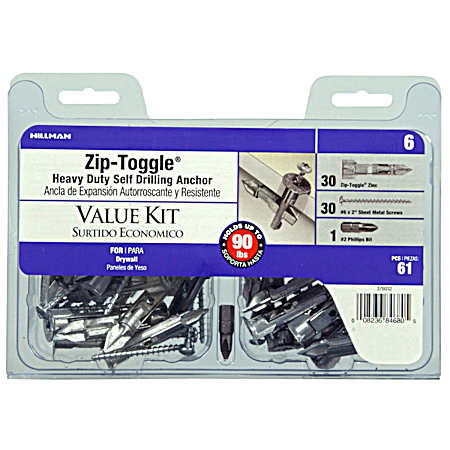 61 Pc Zip-Toggle Heavy-Duty Self Drilling Anchors w/ Screws Kit