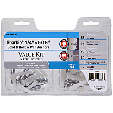 Value Kit (1/4” & 5/16”) 93 pc 45 Anchor, 45 Screws, 2 drill bits, 1 drive bit