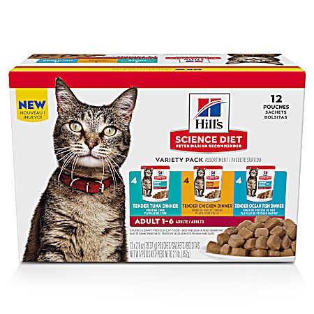Science Diet Adult 1-6 Tuna/Chicken/Ocean Fish Variety Pack Wet Cat Food Pouches - 12 pk