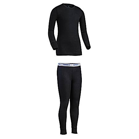Kids' Black Mini Waffle Knit Thermal Base Layer Set - 2 Pc