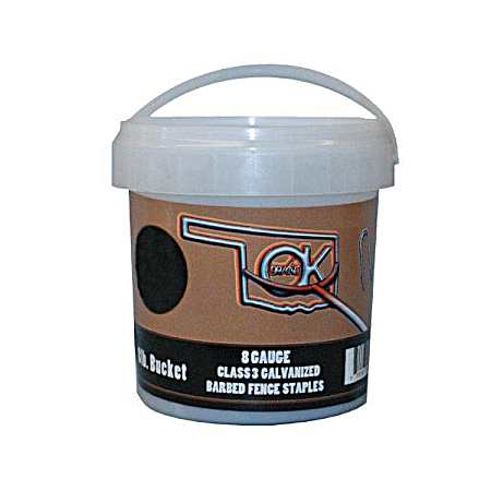 8 lb Galvanized Barbed Staples in a Bucket