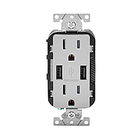 Decora 15 Amp Light Gray USB Charger Tamper-Resistant Grounding Duplex Outlet
