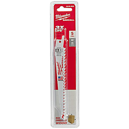 6 In. Sawzall 5 TPI Wood Blades - 5 Pk.