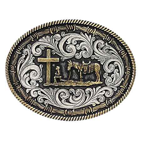 Two-Tone Rope & Barbed Wire Classic Impressions Christian Cowboy Attitude Buckle