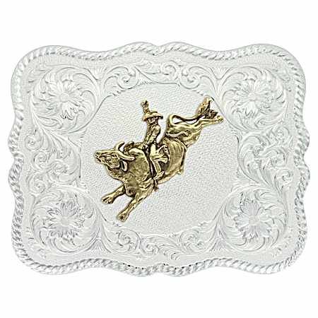 Scalloped Silver Western Belt Buckle w/ Bull Rider