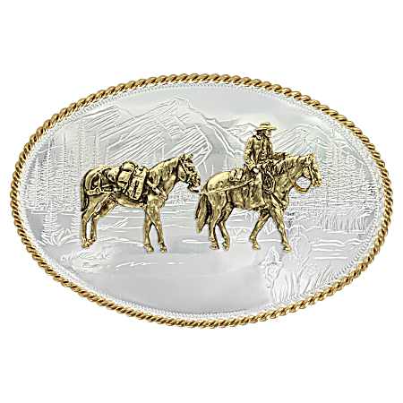 Etched Mountains Western Belt Buckle w/ Pack Horse & Rider
