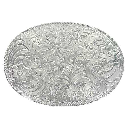 Oval Silver Engraved Western Belt Buckle w/ Etched Trim
